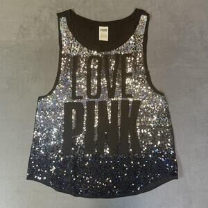 Victorias Secret Pink Shirt Womens Medium Sequin LOVE PINK Tank Top Glitter